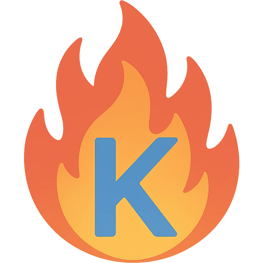 vibrant letter 'K' in color surrounded by stylized fire exaggerated to look dramatic and expressive emoji