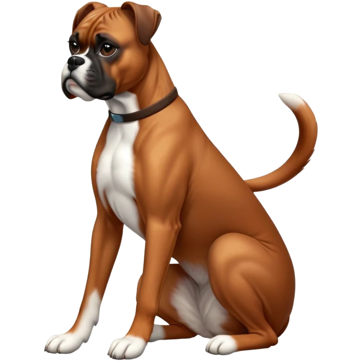 cinematic-[boxer dog]-realistic-full-body-sitting-emoji,-tail-resting-loosely-beside-its-paws,-head-tilted-dramatically,-sleek-[brown]-fur,-simplified-yet-realistic-focused-features,-highly-detailed,-glowing-with-an-almost-sarcastic-glow emoji