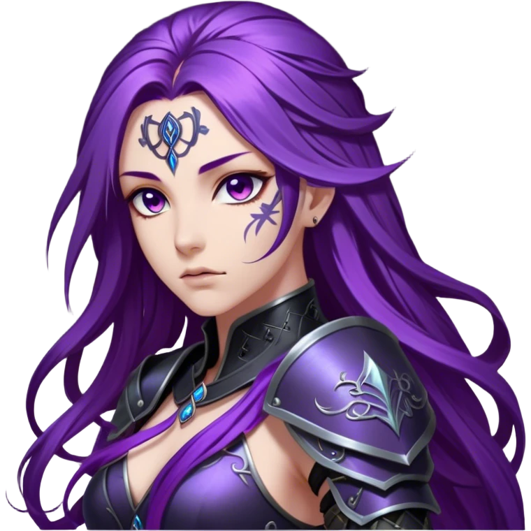 A mysterious warrior girl with long, flowing purple hair cascading down her back, strands catching the dim light like silk. Her piercing violet eyes glow. She wears sleek black armor, a perfect fusion of elegance and lethality, adorned with intricate silver engravings resembling ancient runes.  emoji