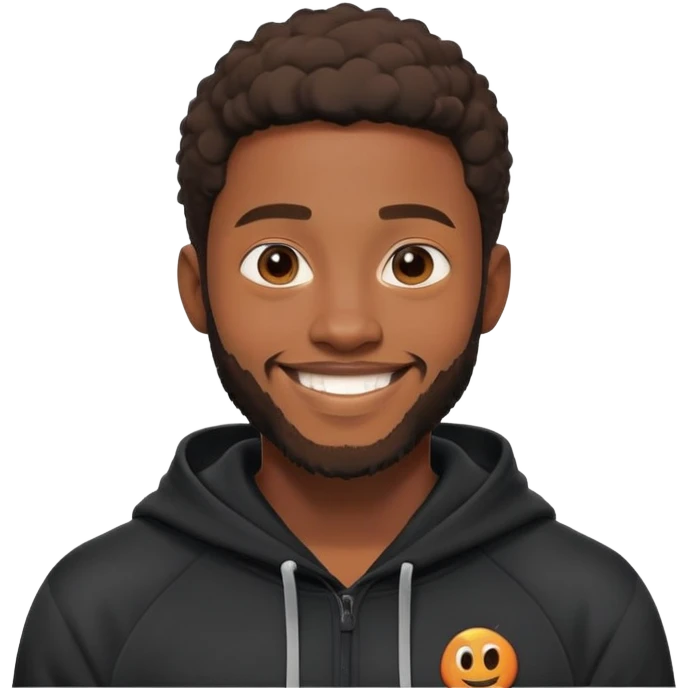 African yound man in his late 20s with a  bright smile with a short boxed beard, black hoody in Pixar cartoon style. with a skin glow emoji