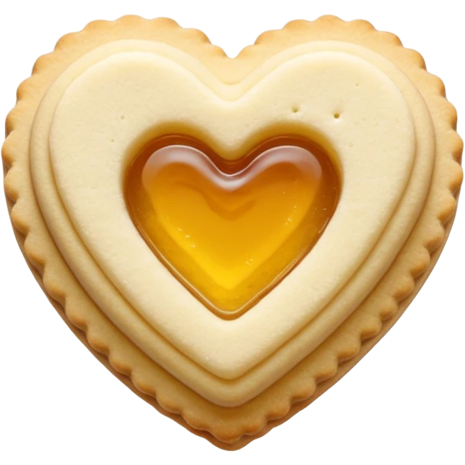 Realistic shortbread cookie in the shape of a heart with pale yellow jelly middle filling and sprinkled powder sugar on top. emoji