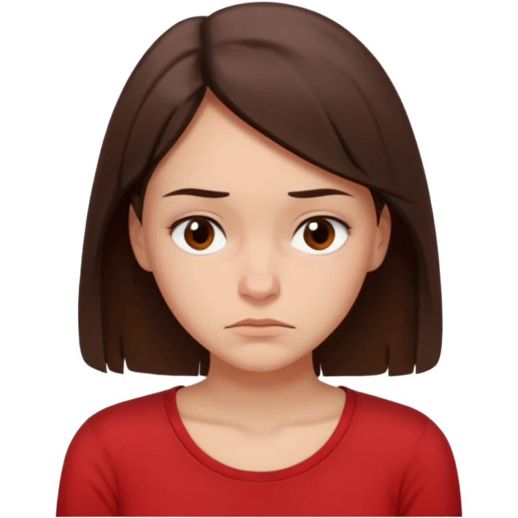 "Cartoon emoji of a young brunette woman with fair-medium skin, brown eyes, wearing a simple red top. Portrait mode, slouched, looking down, overthinking and insecure. Small frown, worried eyes. Smooth, friendly, stylized, Mary Jane–like appearance." emoji