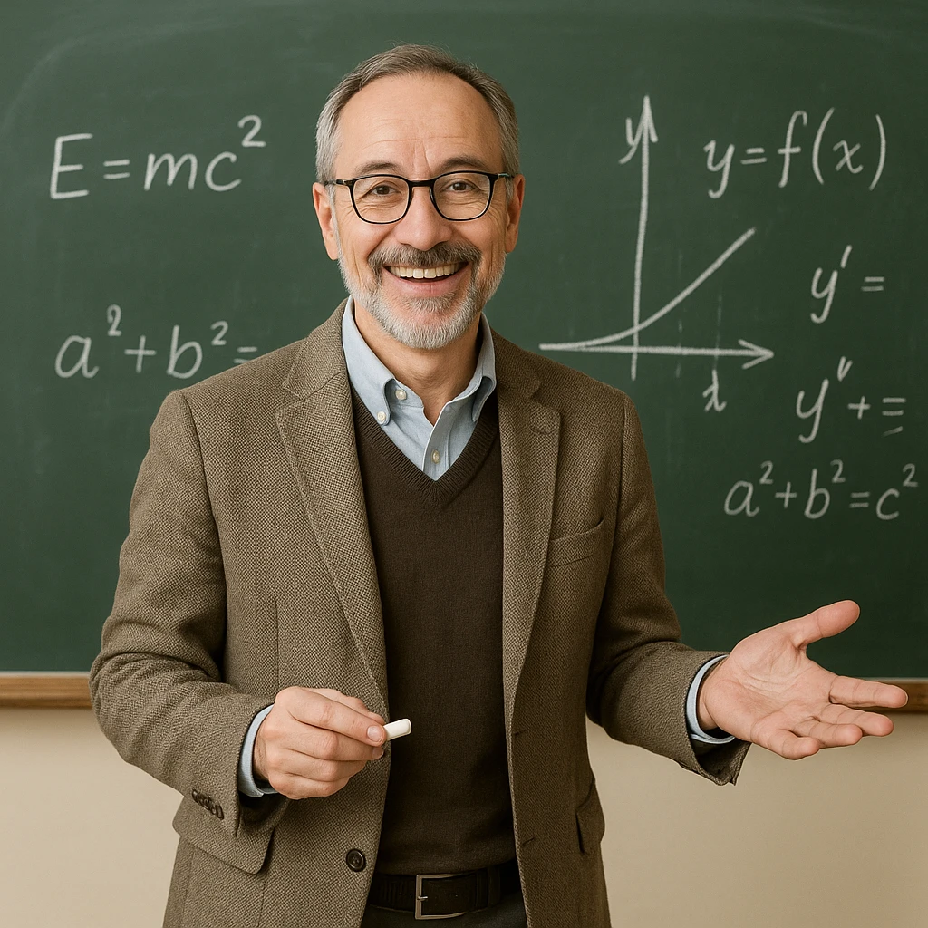 smiling professor explaining in classroom background with blackboard emoji