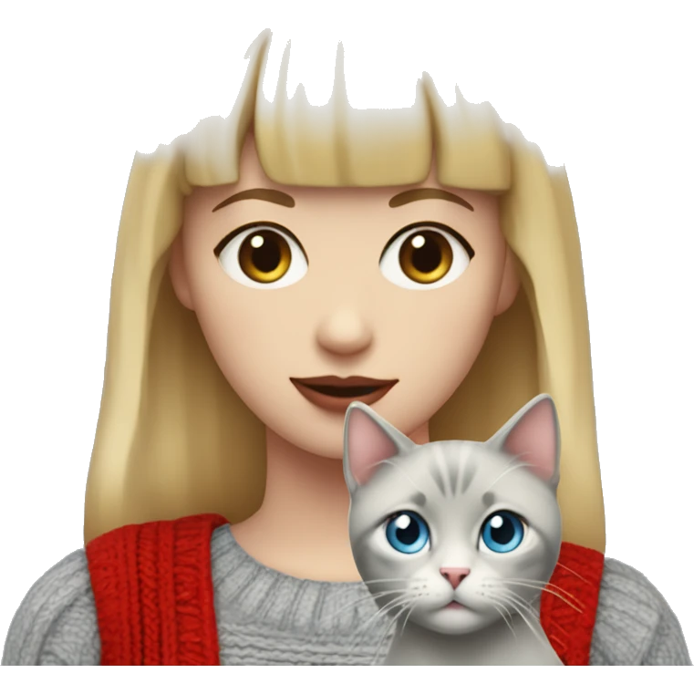 girl with short blonde hair and bangs (a fringe) with blue eyes, long eyelashes and red lipstick in a red cable knit sweater holding a grey cat emoji