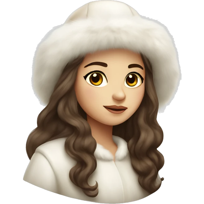 Slavic girl with dark eyes and brown wavy long hair wearing a white fur hat and white Mink fur coat emoji