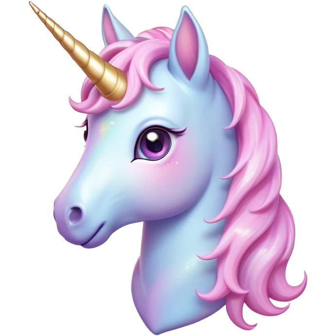 Cinematic Cute Unicorn Pony Portrait Emoji, Head tilted playfully and inquisitively, featuring a charming, diminutive form with a gentle pastel color, a delicate, sparkling horn and large, dreamy eyes full of wonder, Simplified yet irresistibly adorable features, highly detailed, glowing with a warm, magical glow, high shine, affectionate and lively, stylized with a touch of whimsical charm, soft glowing outline, capturing the essence of a mischievous yet endearing unicorn pony that seems as if it could prance out of the screen into your arms! emoji