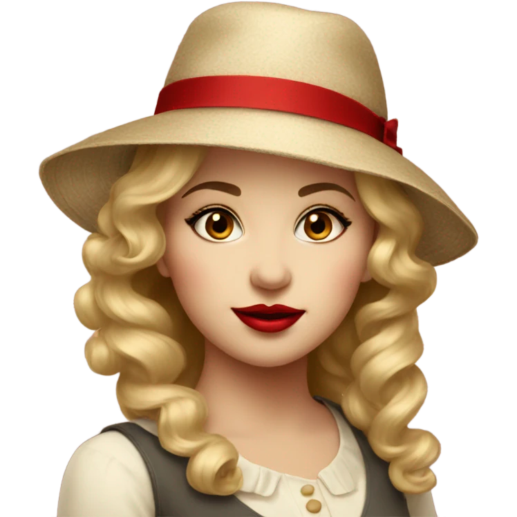 beautiful vintage girl in a hat with red lipstick emoji