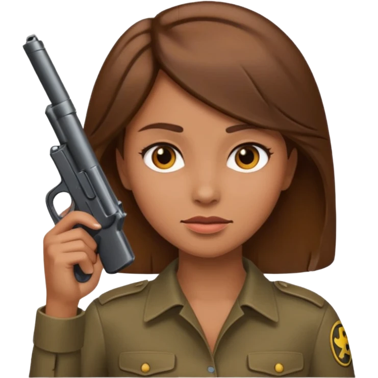 the woman emoji with brown hair and tan skin holding the gun emoji to her head with one hand emoji