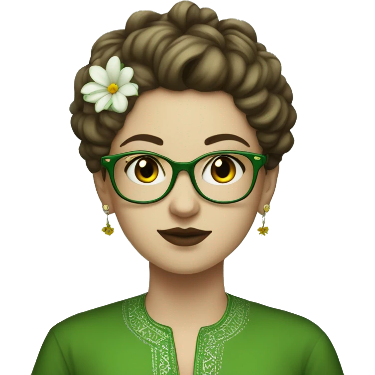White girl in a green kurta with flower design, glasses, alot of piercing, gay, red lips, nose ring, full body, teen, short edgar hair,  emoji