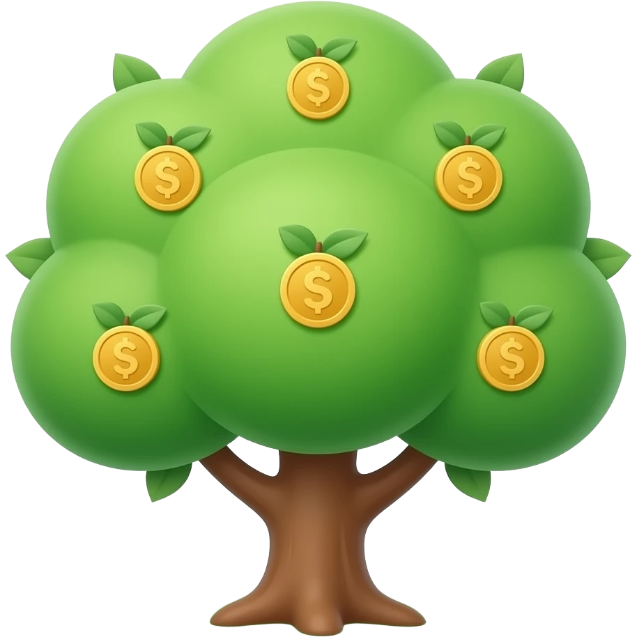 Apple-style money tree with round soft green canopy. No pot, no ground — only the tree. Small gold coins as fruits inside the leaves. Flat 3D vector, clean shapes, no gradients. emoji