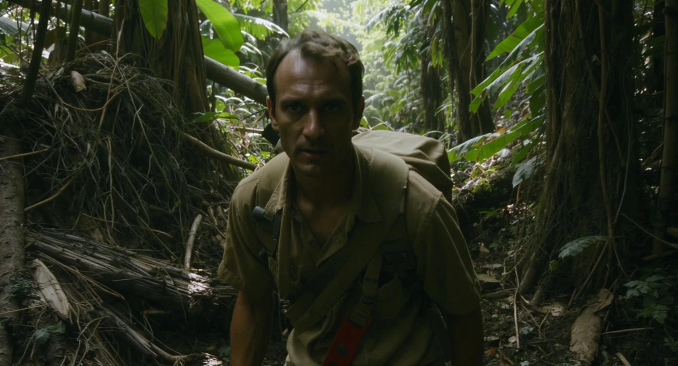 cinematic still, documentary photography, amazon jungle, well lit scene, man is exploring the jungle, close up, front shot, rule of thirds emoji