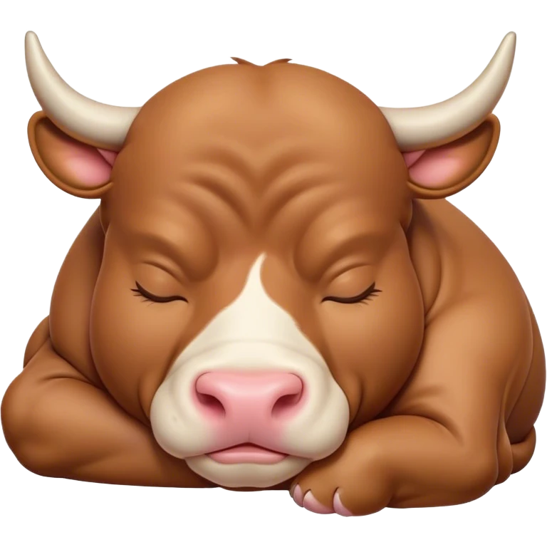 Meme-Worthy Cute Sleeping Domestic Bull Portrait Emoji, Head resting peacefully with a contented smile, showcasing a robust, muscular build and a luxuriously soft coat, eyes gently closed in serene, restful slumber, Simplified yet hilariously adorable features, highly detailed, glowing with a soft, drowsy natural light, high shine, relaxed and utterly lovable, stylized with an air of playful laziness, soft glowing outline, capturing the essence of a sleeping domestic bull that feels destined to become the next viral sensation of adorable rest! emoji