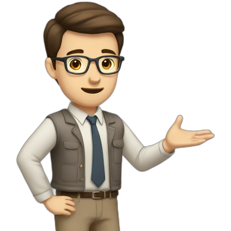 To belt Actively gesturing with hands Pale skinned fit man teacher with dark brown hair in gray jacket, beige office shirt, brown tie, brown pants and vintage glasses. emoji