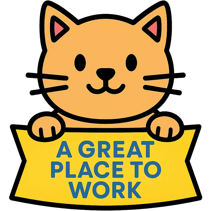 cat holding a ribbon with the text 'a great place to work' written in blue in lineal color icon with black outlines style emoji