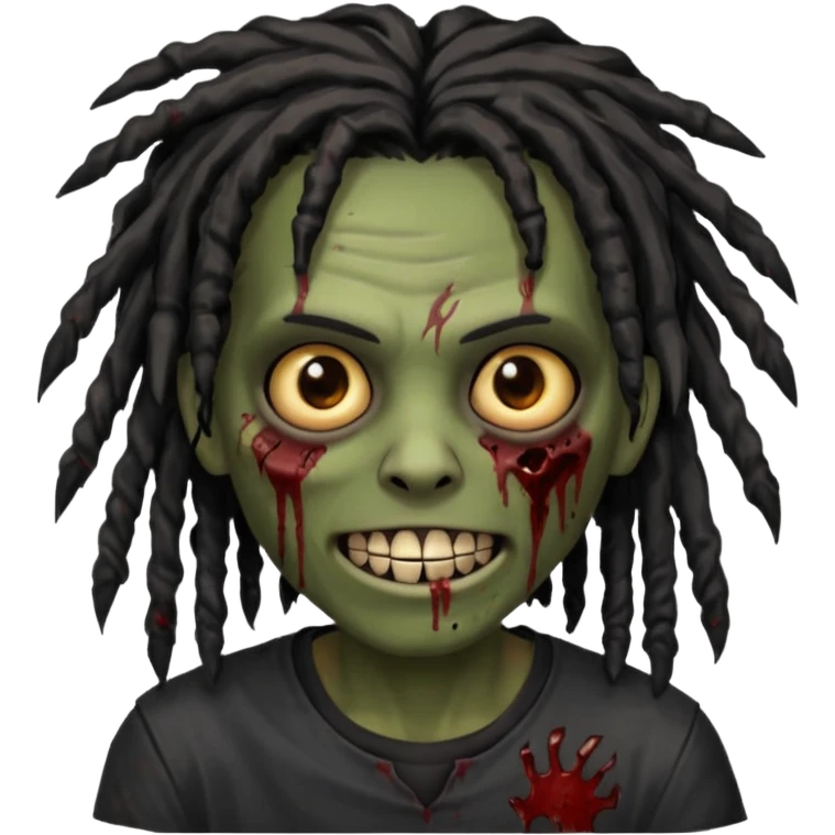 zombie with brown skin, messy black dreads hair, wide centered brown eyes, dark bloody marks under the eyes, and a smile showing shiny metal teeth,black shirt, giving a distressed, undead look. emoji