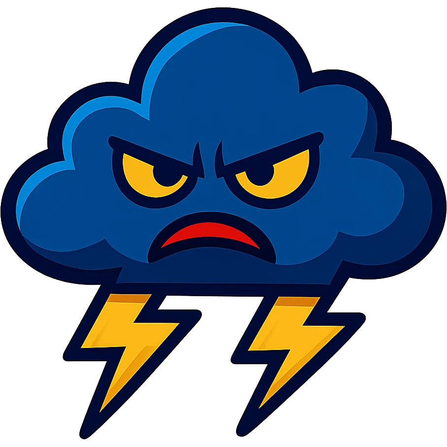 small thunderstorm cloud, cartoon style, squinting eyes, lightning bolts, menacing look, saturated colors emoji