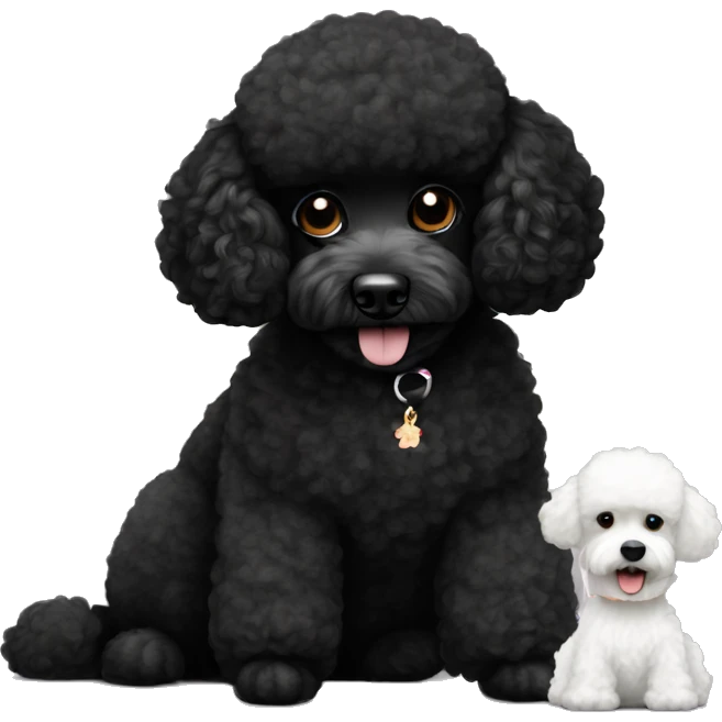 Mini black poodle sitting with mini white poodle emoji