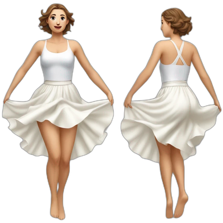 Hyperrealistic Full body Caucasian curvy beauty jumping white skirt back and front views strong wind emoji