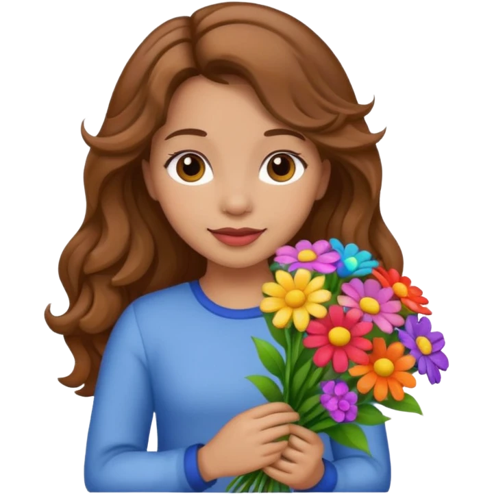 Niña con un ramo de flores que sea castaña con cabello ondulado  emoji