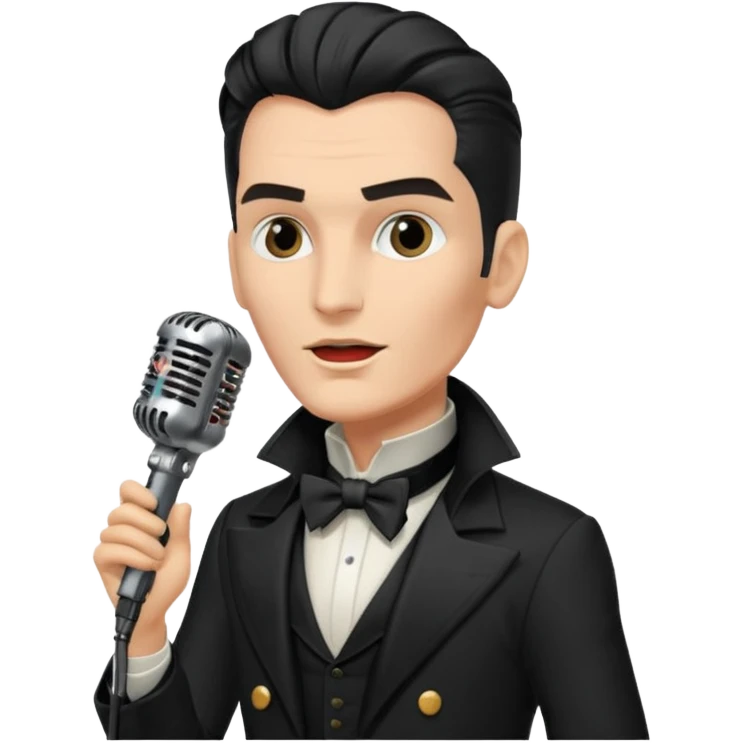 cinematic - musician Falco - wearing black tailcoat and sings on a retro antique microphone emoji