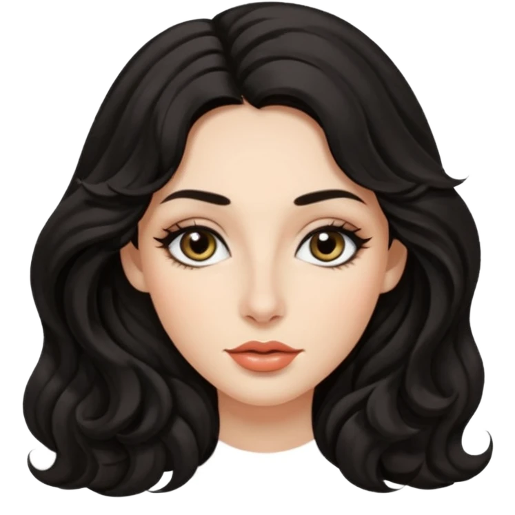 persona mujer con piel clara y ondas color negro y largos  y sin volumen y con delineador en los ojos y con los labios medianos, ojos almendrados y nariz respringada y el fondo blanco  emoji