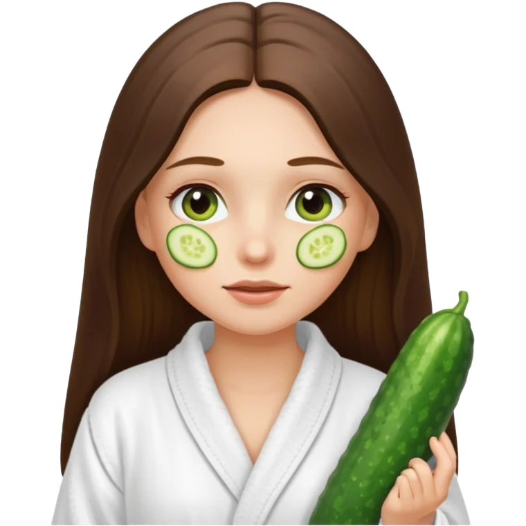 white long brunette hair girl with hazel eyes in a bathrobe with cucumbers on her eyes emoji