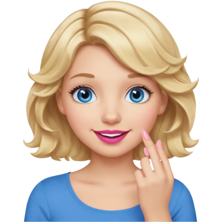 Girl Blonde short wavy hair,  blue eyes, cute blue top, long lashes, pink lips, smiling, hand over the mouth emoji