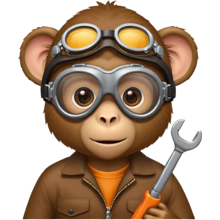 Curious monkey with goggles, holding a wrench or small gadget. emoji