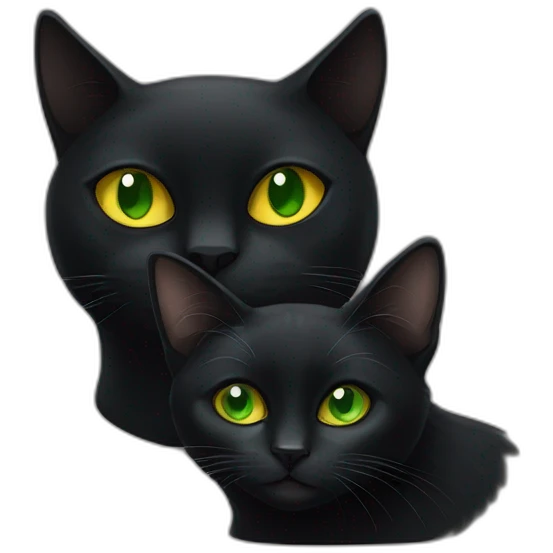 one black cat with green eyes next to an other with yellow eyes. emoji
