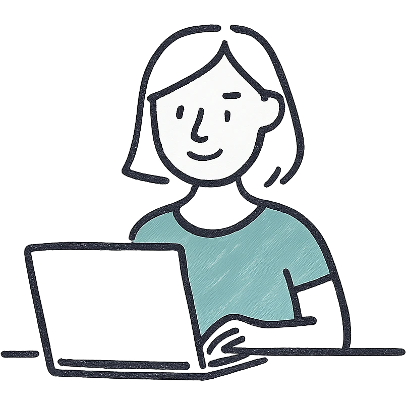simple line drawing of a woman at a laptop, teal accent, minimal, modern emoji