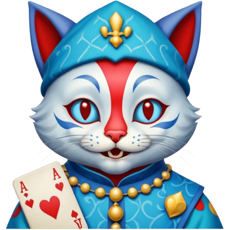 crazy colorful cute little cat jolly joker from poker, medieval, vintage, court jester, mac os icon, blue color emoji