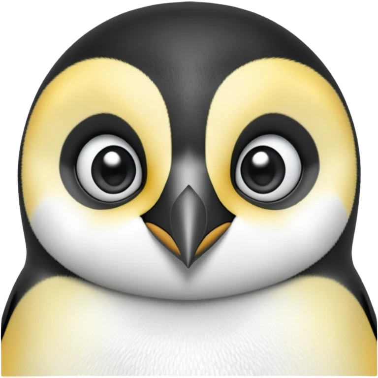 cinematic-cute-emperor-penguin-portrait-emoji,-head-tilted-playfully-and-inquisitively,-with-glossy,-pristine-plumage,-sparkling-eyes-filled-with-curiosity,-simplified-yet-irresistibly-adorable-features, black, large black eyes face, zoomed in emoji