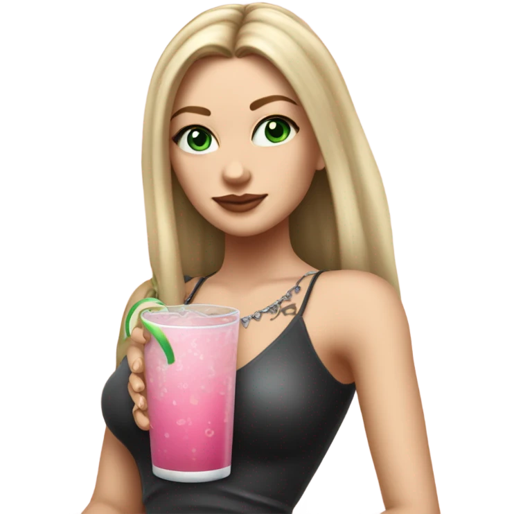 Realistic White girl with Long straight blonde hair, green eyes, tattoos, full body wearing dress and High heels, holding pink drink emoji