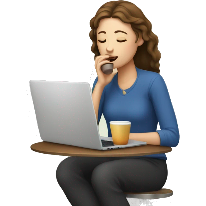 tired french girl with laptop drinking a lot of coffee emoji