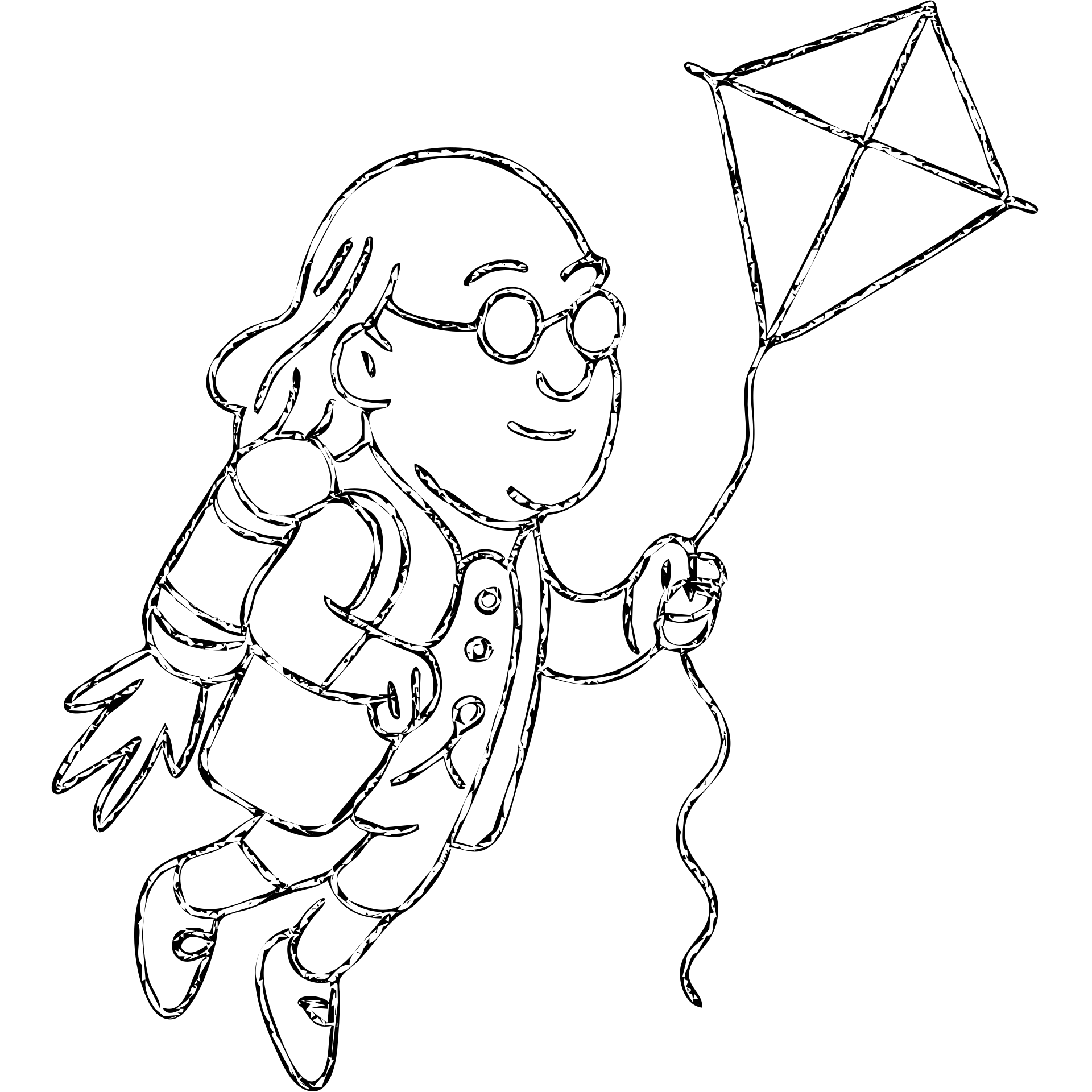 Ben Franklin with jetpack and diamond kite, hand-drawn black outline, minimalist emoji