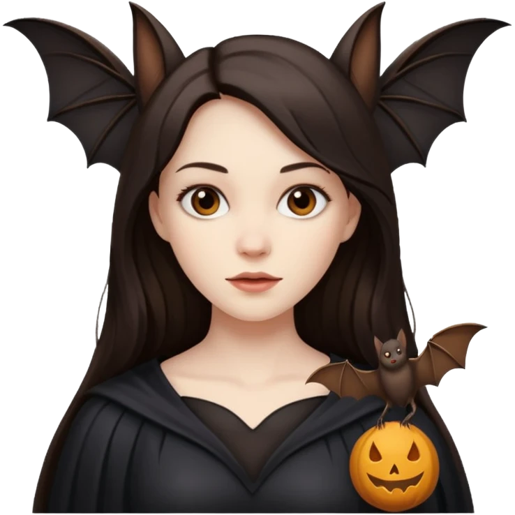 woman with long dark hair with a bat flying nearby emoji