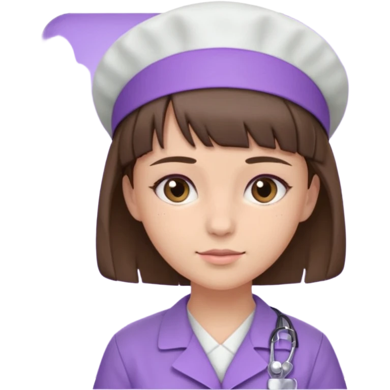A young female slim nurse with short Brown hair with fringe over her forehead, wearing larvendar purple working cloth emoji