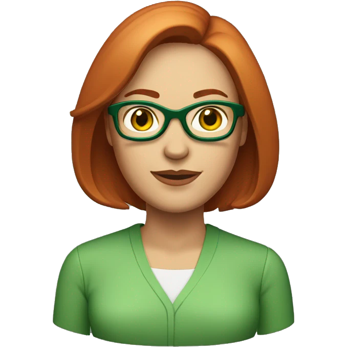 Middle age Caucasian woman with layered straight shoulder-length highlighted red hair and green glasses emoji