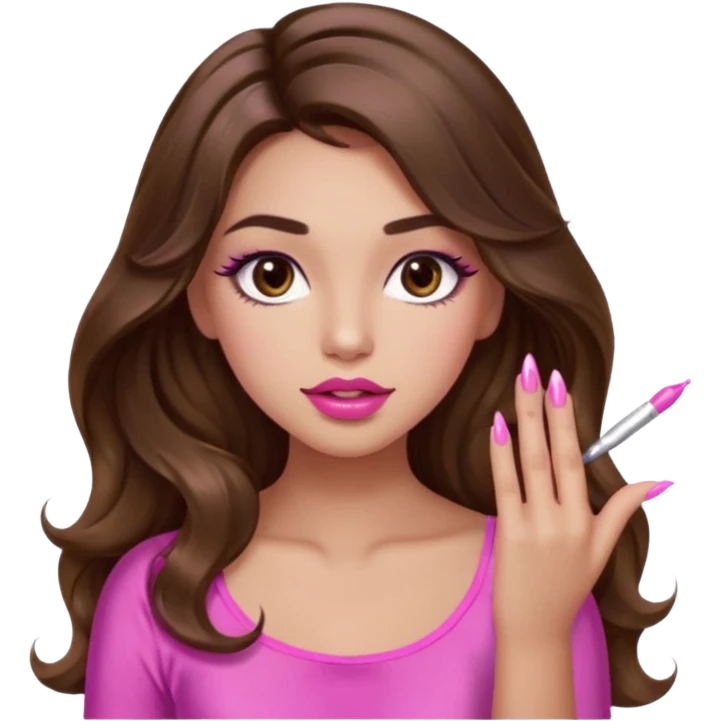 girl with long wavy brown hair, brown eyes, light to medium complexion, in a pink sexy top, pink lips, long lashes, puckered lips, showing my nails emoji
