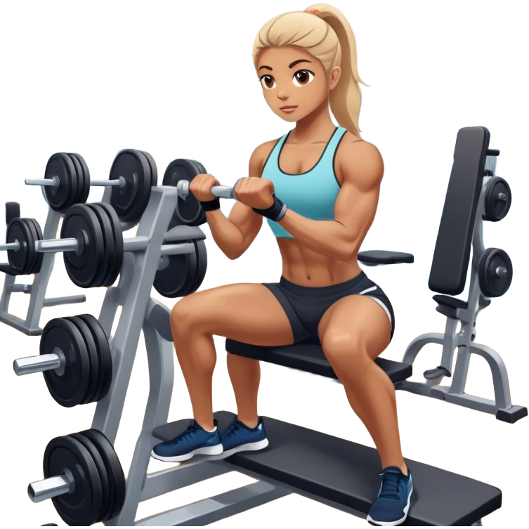 A focused athlete working out on a strength training machine in a modern gym. Muscles engaged, expression determined, demonstrating power and endurance. The gym is filled with equipment like dumbbells, barbells, and mirrors reflecting effort, creating a high-energy atmosphere. emoji