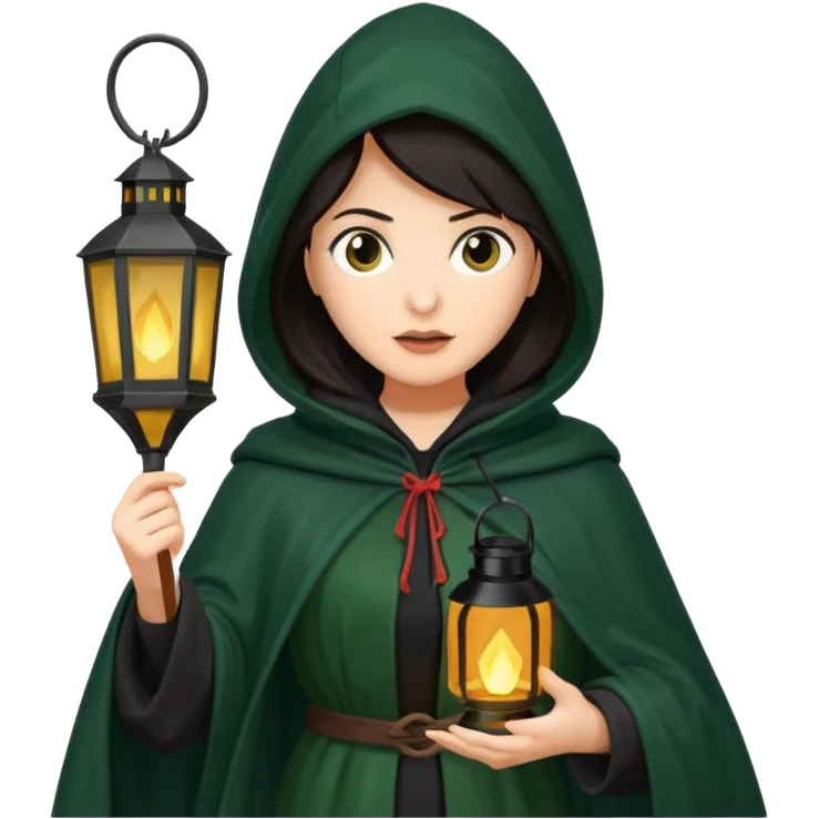 traitor tv show, dark haired woman wearing dark green cloak with hood up who looks evil and is holding up a lantern emoji