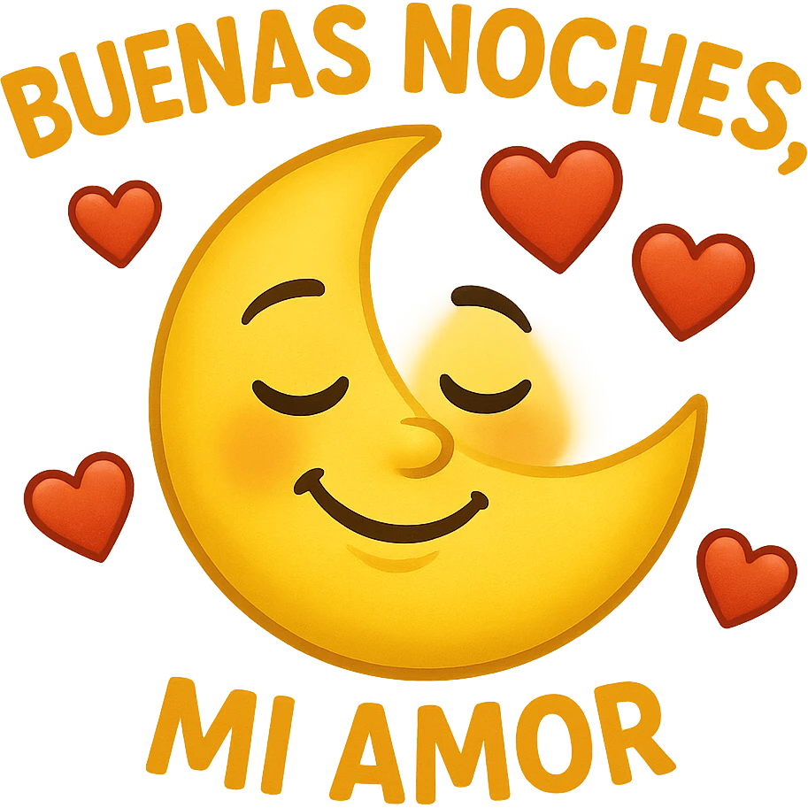 an emoji style illustration that says 'buenas noches mi amor' with a smiling moon and hearts around emoji