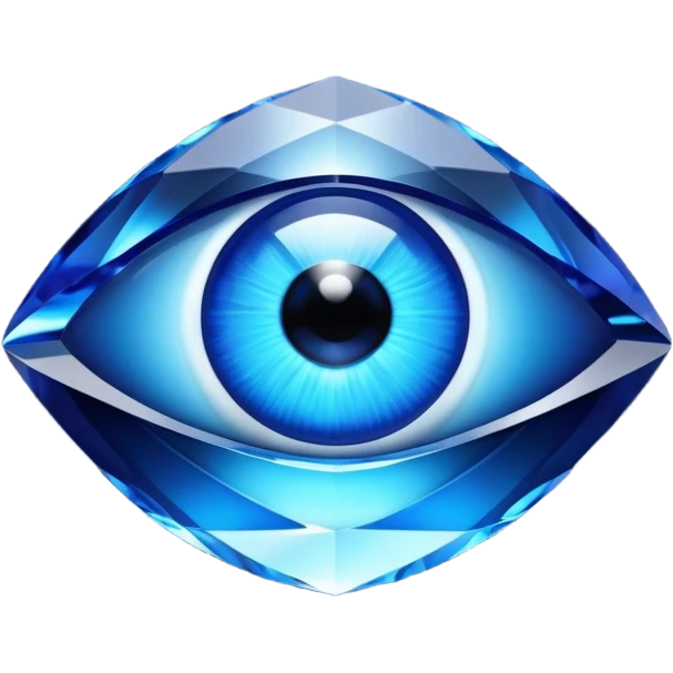 Cinematic Realistic image of a glass Evil Eye blue stone, rendered with translucent, luminous blue hues and finely cut facets that catch soft reflective light, set against a dark, minimalist backdrop to emphasize its mystical allure. emoji