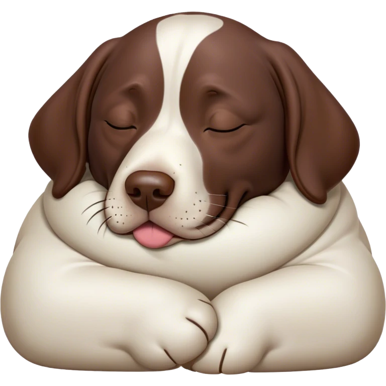 Cinematic Meme-Worthy Chubby Sleeping German Pointer Portrait Emoji, Head resting peacefully with a contented smile, showcasing a delightfully chubby build and a luxuriously soft liver and white coat, eyes shut in a serene nap, Simplified yet hilariously adorable features, highly detailed, glowing with a soft, drowsy light, high shine, relaxed and utterly lovable, stylized with an air of playful laziness, bright and heartwarming, soft glowing outline, capturing the essence of a comically sleepy hunter, so meme-worthy it feels like it could instantly become the next viral sensation of adorable slumber! emoji