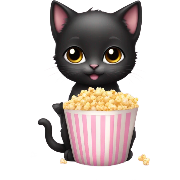 Cute black Kitten with popcorn and baby pink bow on neck emoji