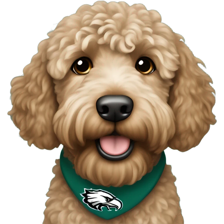 a light brown labradoodle wearing a Phildaelphia Eagles shirt emoji
