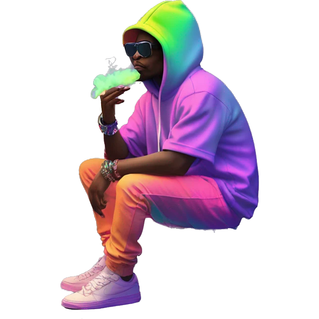 Multicoloured neon person smoking wearing hoodie dancing hip hop bucket hat tropical Skater fashion aesthetic baggy clothes graphic t shirt 420 emoji