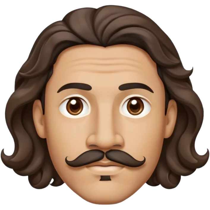 Mixed race man with long, wavy hair with a center part, a small diamond stud earring in each earlobe, a mustache over the top lip, and a wavy triangular goatee on the chin. Head only!!! No shoulders or torso. emoji