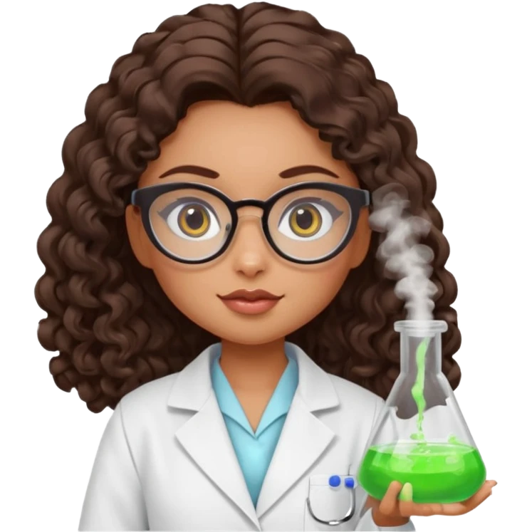realistic bratz doll with long curly dark brown hair, glasses that are round cat eye vibes, in a lab coat mixing beakers that glow emoji