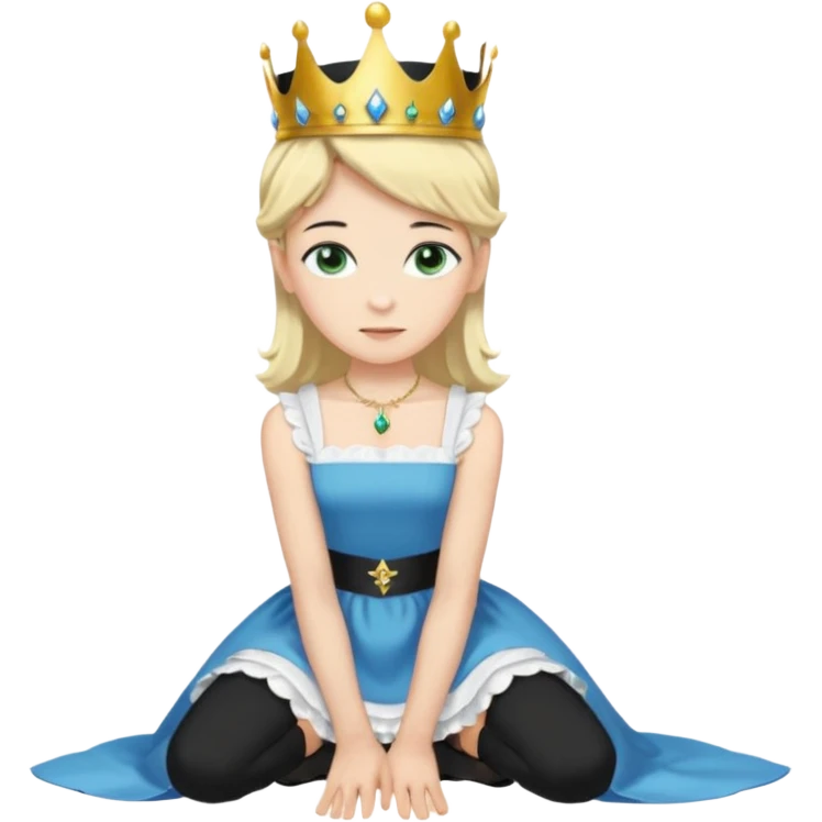 Prince woth crown, standing, black hair, blue eyes, and maid, blonde Hair, green eyes, white short sleveless dress, kneeling  emoji